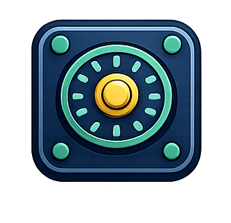 An illustrated safe icon featuring a circular dial with a yellow button in the center and turquoise accents on a blue background.