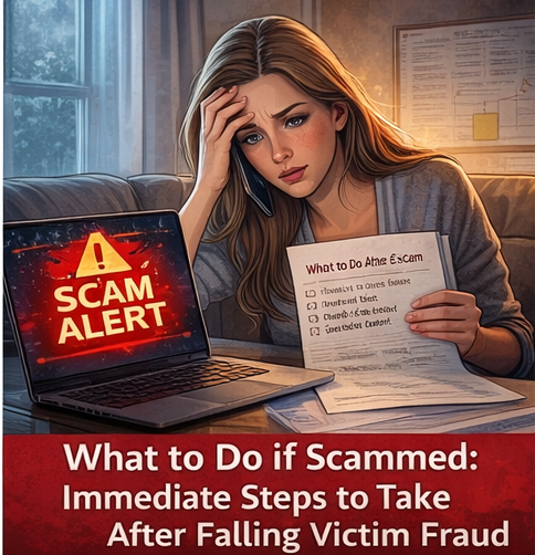 woman holding phone showing IRS scam alert while reviewing IRS notice and tax documents at desk