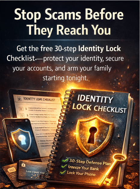 Identity lock checklist illustration showing steps to protect your identity, secure accounts, and prevent scams before they reach you