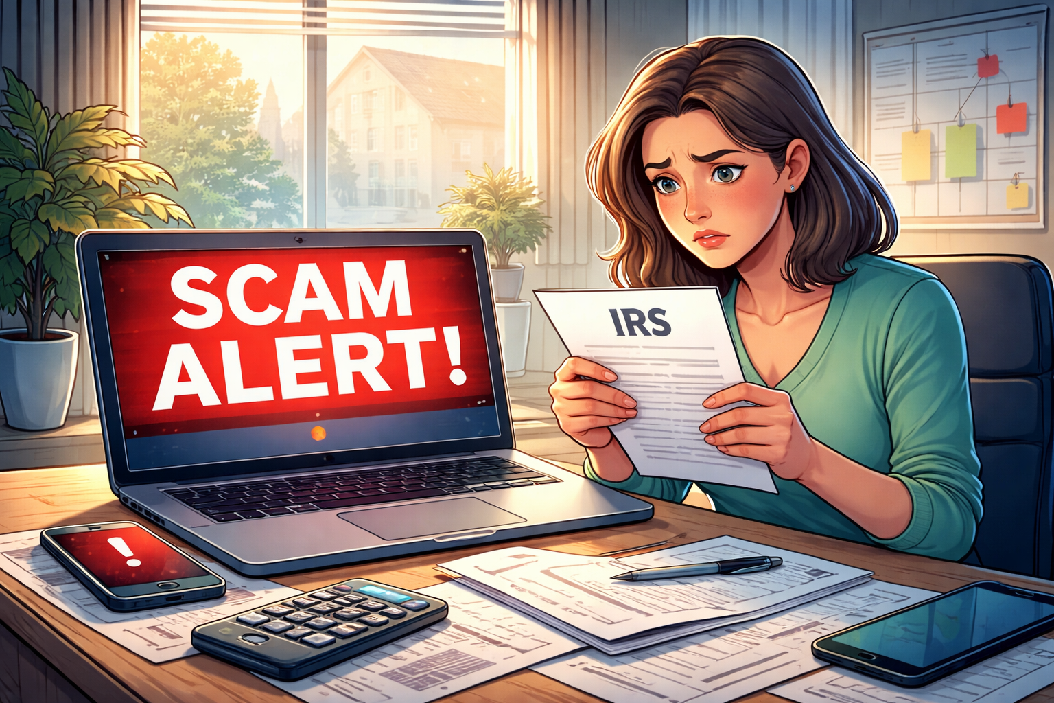 woman reviewing IRS letter while scam alert appears on laptop screen warning of tax scam