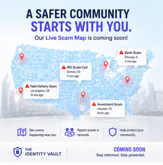 Live scam map showing real-time fraud alerts across the United States including bank scams, IRS scam calls, and delivery scams reported in major cities