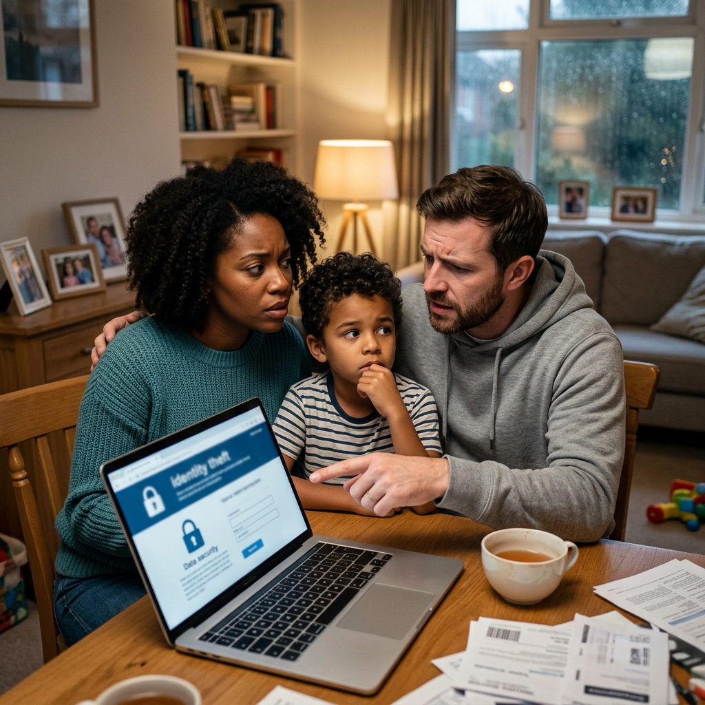 Family looking worried discussing identity theft on laptop at home