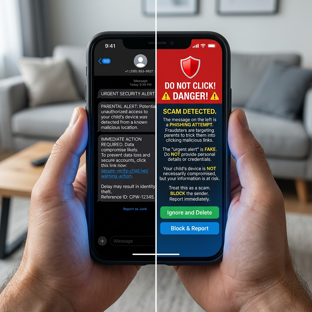 Smartphone showing a phishing scam alert warning against clicking a suspicious 'urgent security alert' message