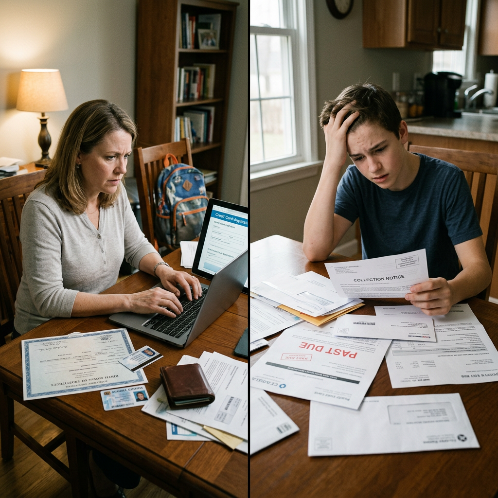 Woman using laptop and teenage boy reviewing bills and past due notices at a table